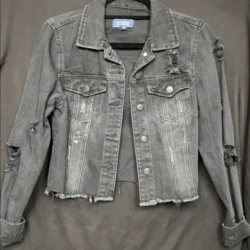 Distressed black denim jacket